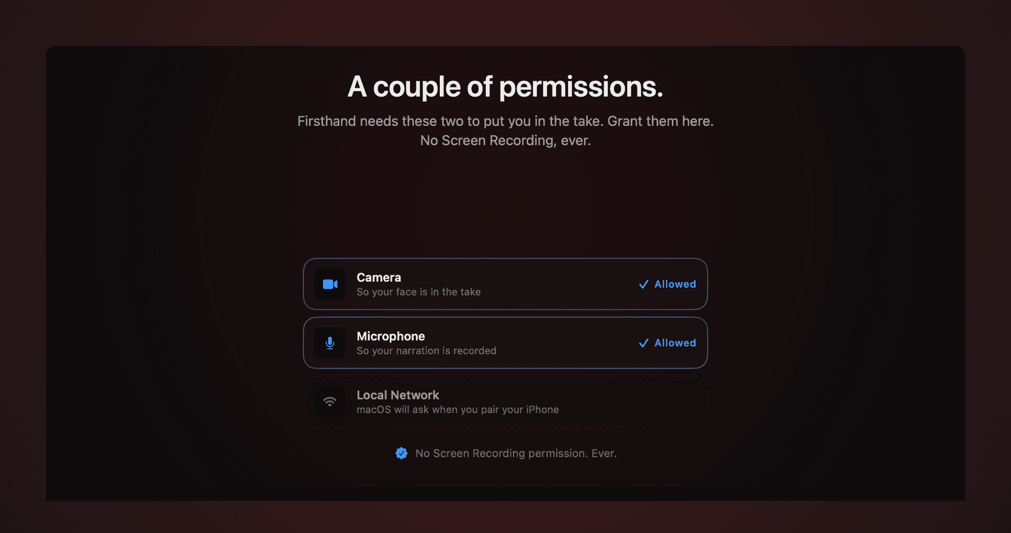 The permissions step: camera and microphone, and the promise never to ask for Screen Recording