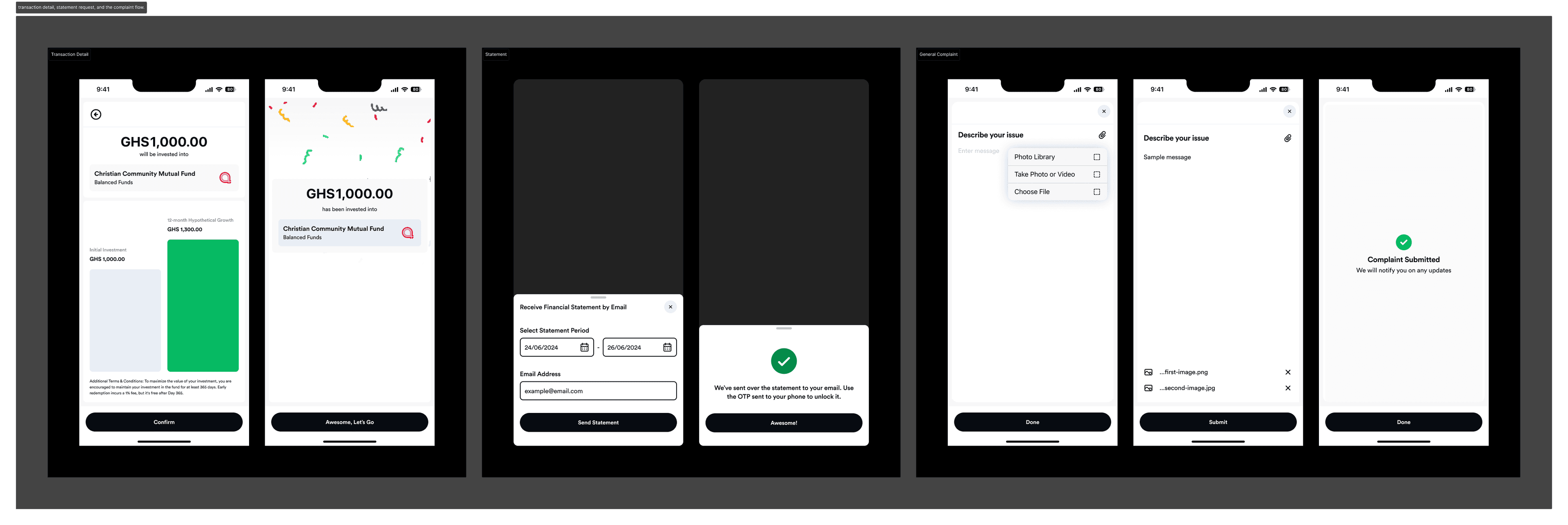 transaction detail, statement request, and the complaint flow.